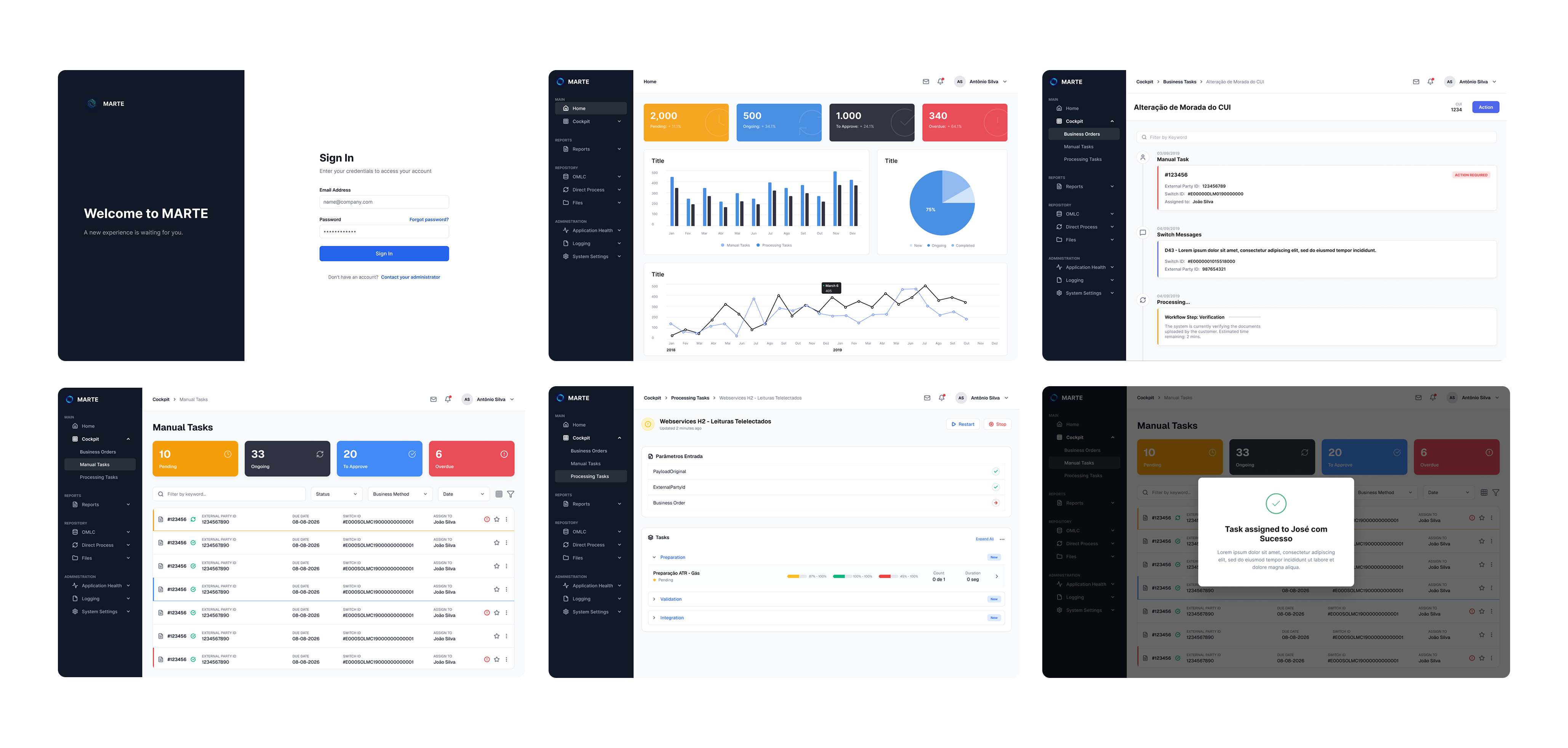 All screens of the Marte task management portal